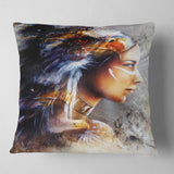 Woman with White Horse Eagles - Indian Throw Pillow