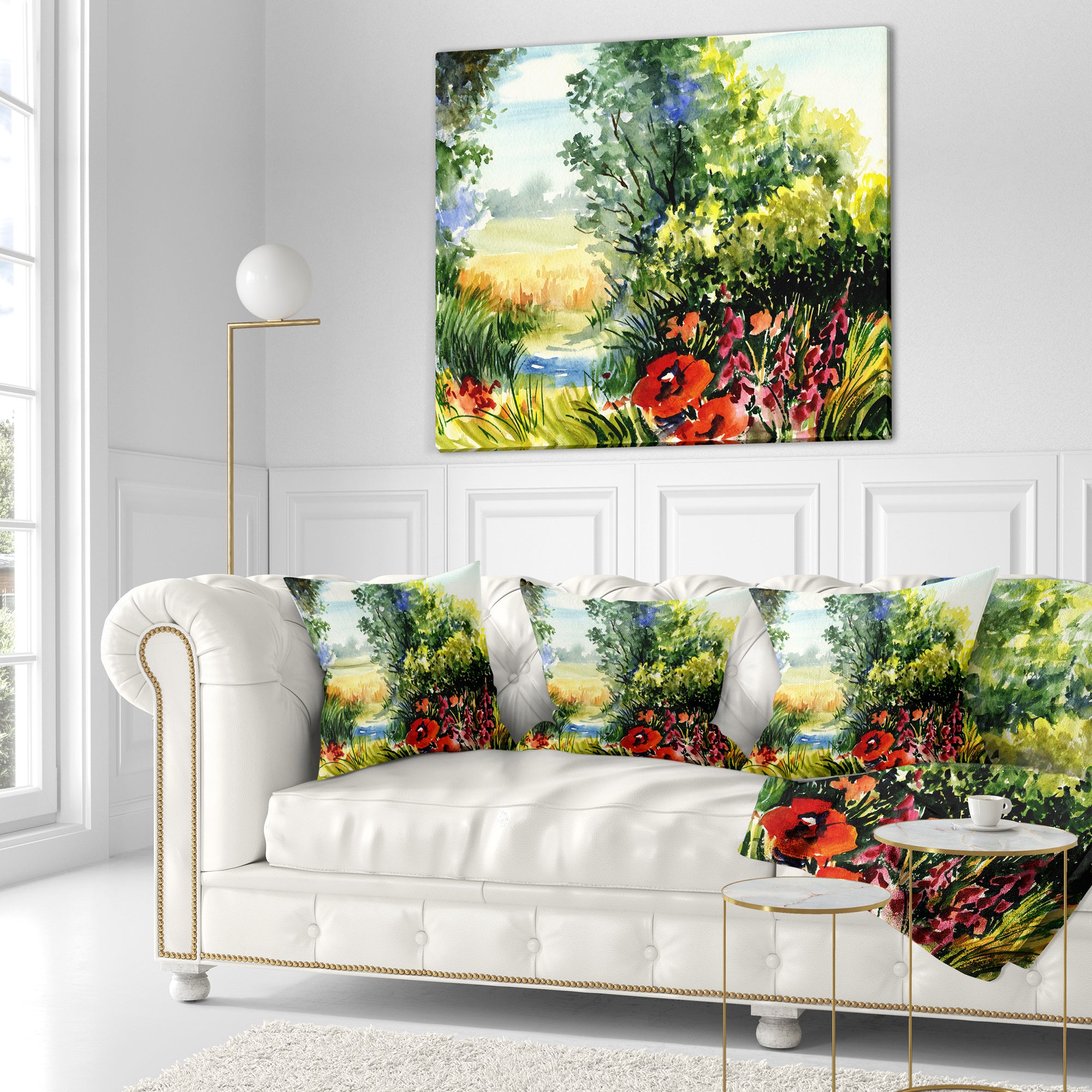Watercolor Landscape with Flowers - Landscape Printed Throw Pillow