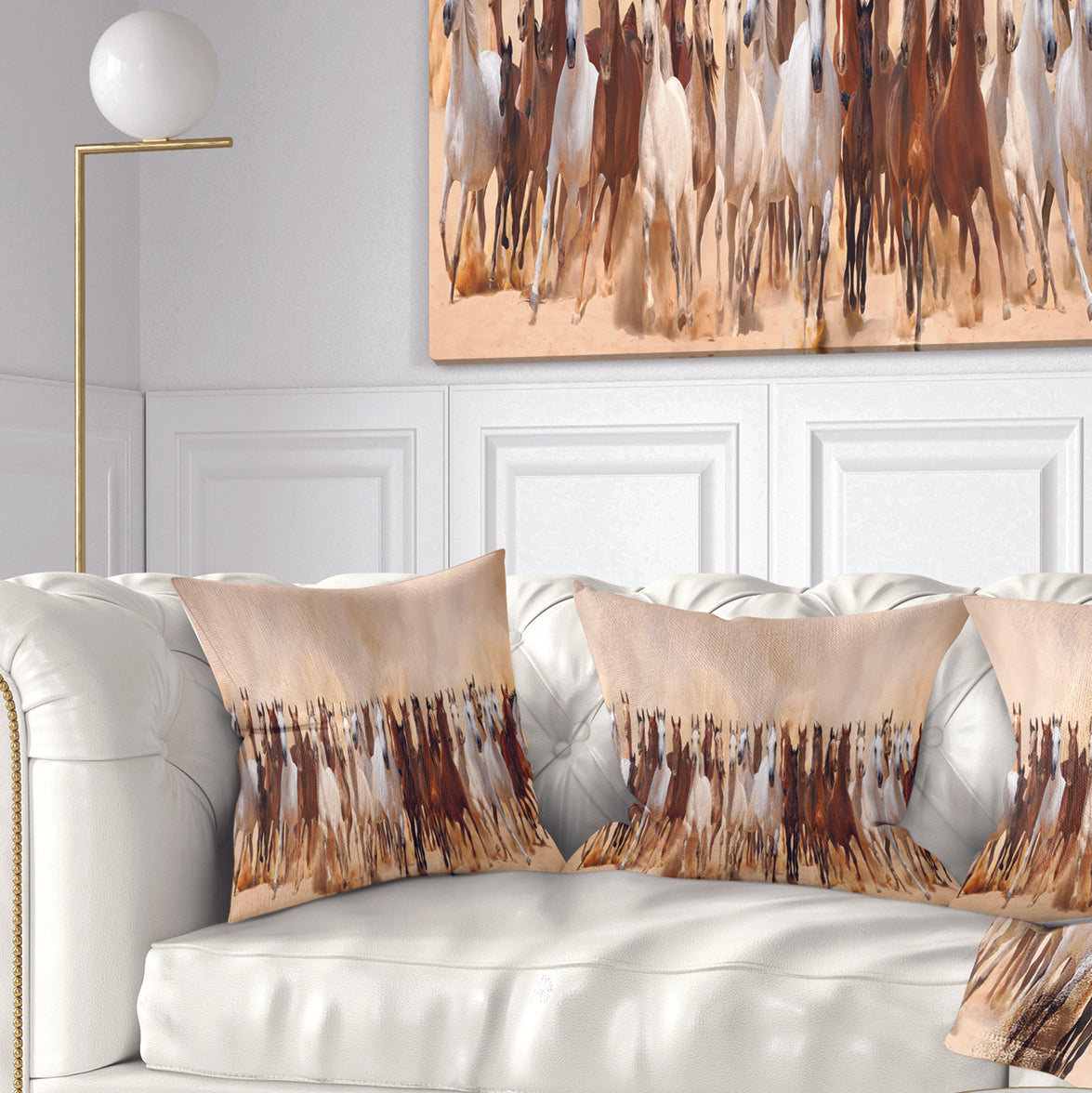 Horses Herd in Sand Storm - Landscape Photography Throw Pillow