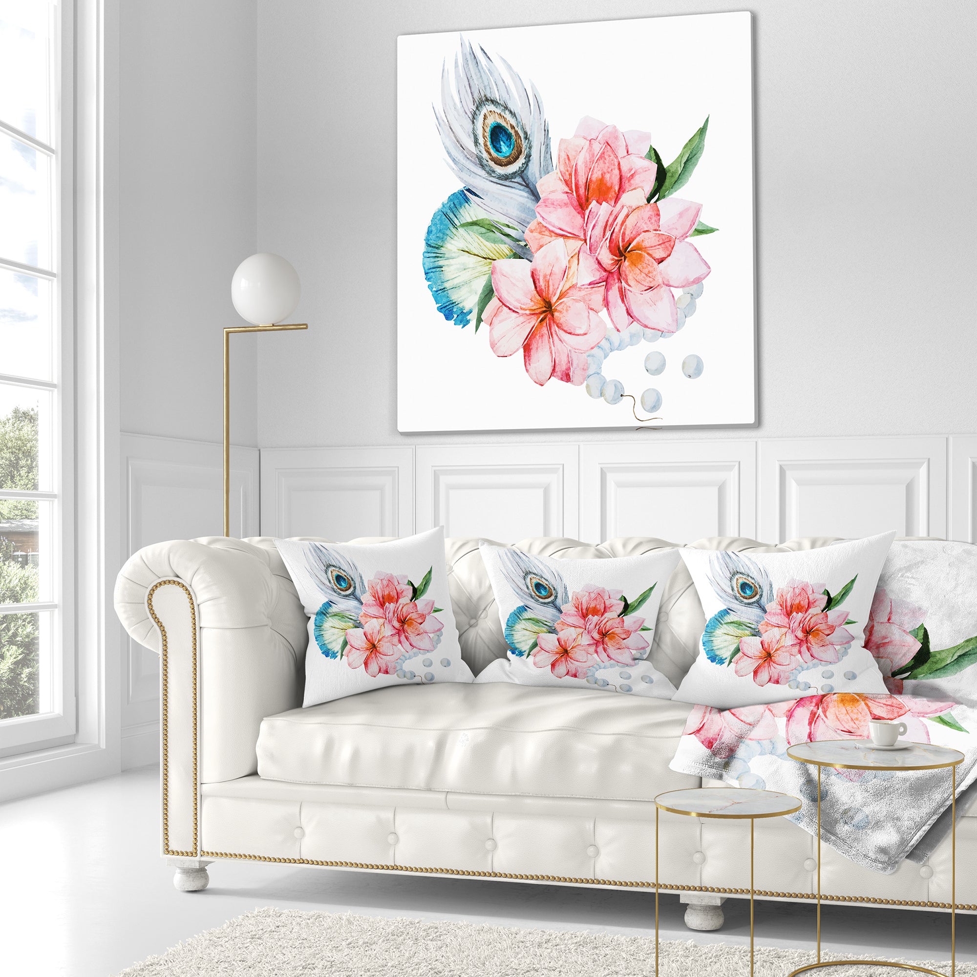 Flowers and Peacock Feather - Floral Throw Pillow