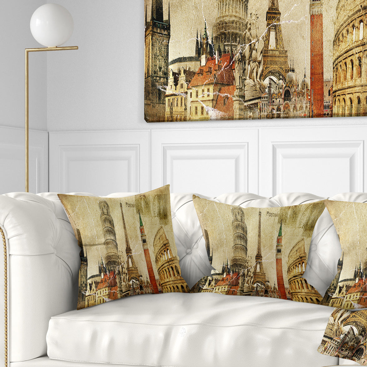 Vintage Postal Card - Contemporary Throw Pillow