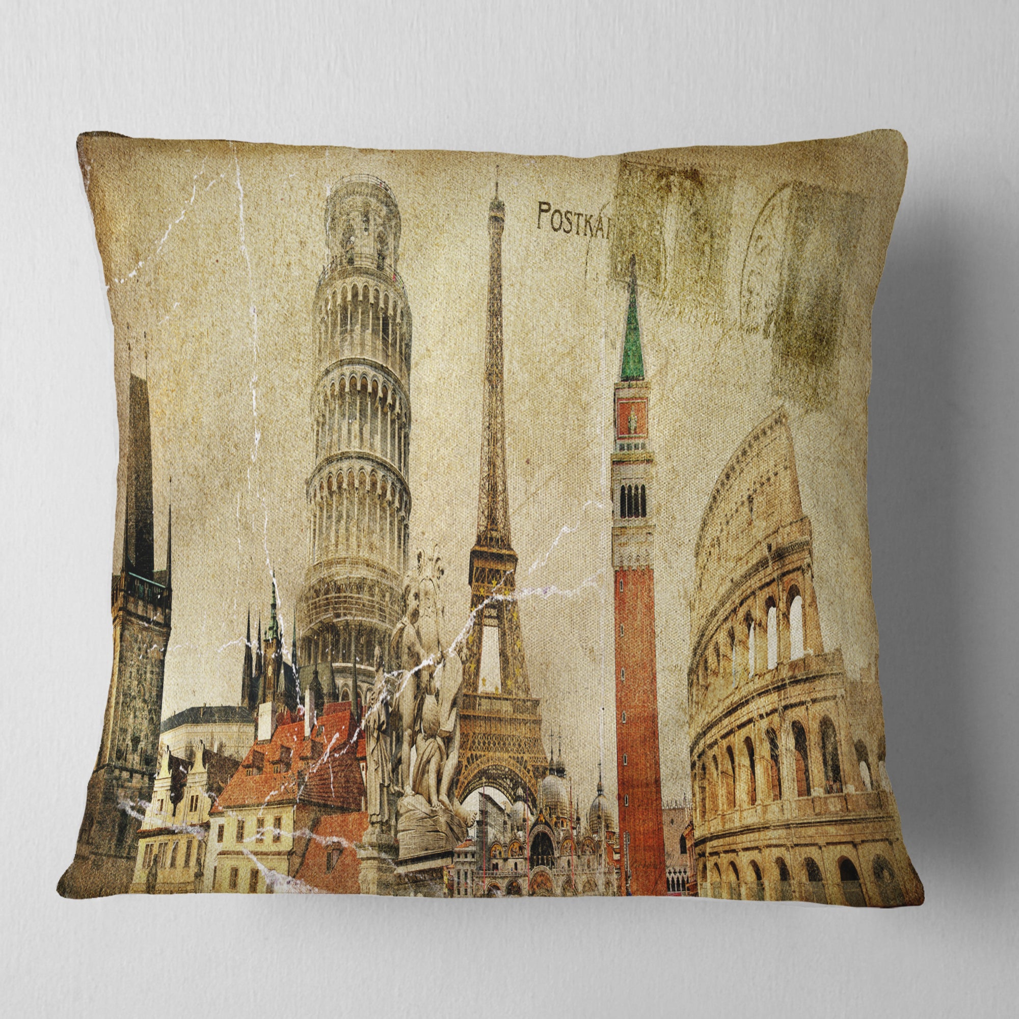 Vintage Postal Card - Contemporary Throw Pillow