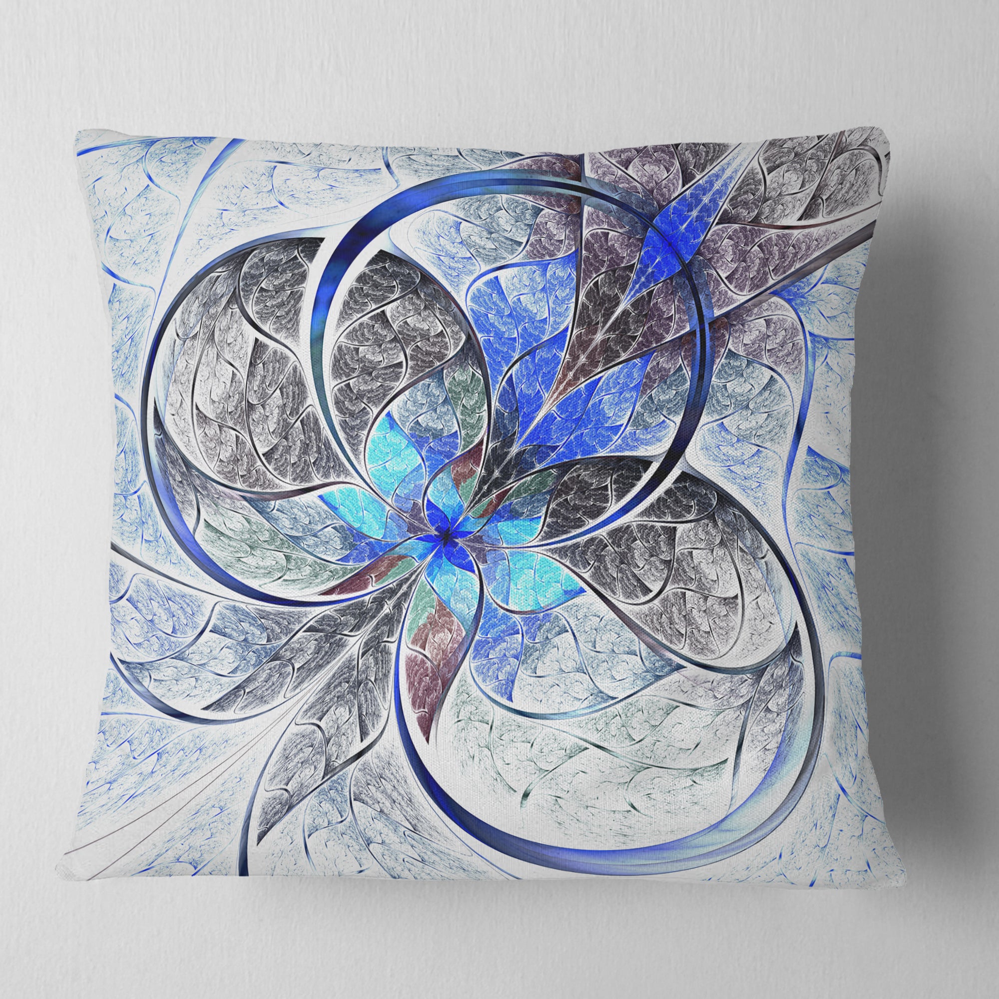 Symmetrical Blue Fractal Flower - Abstract Throw Pillow