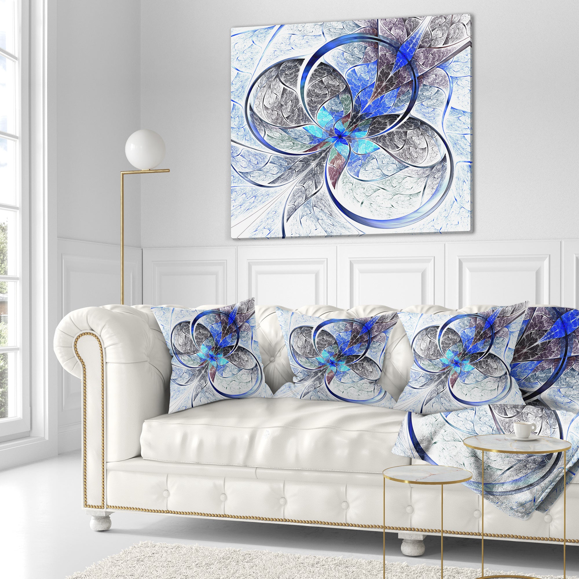 Symmetrical Blue Fractal Flower - Abstract Throw Pillow