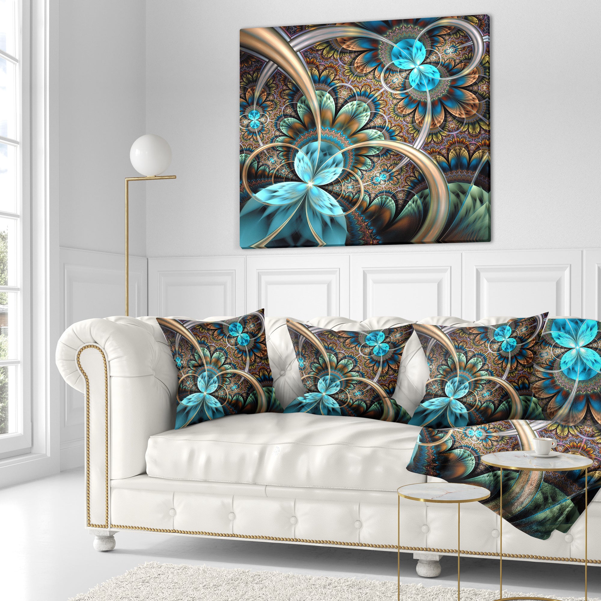 Light Blue Fractal Flower - Floral Throw Pillow