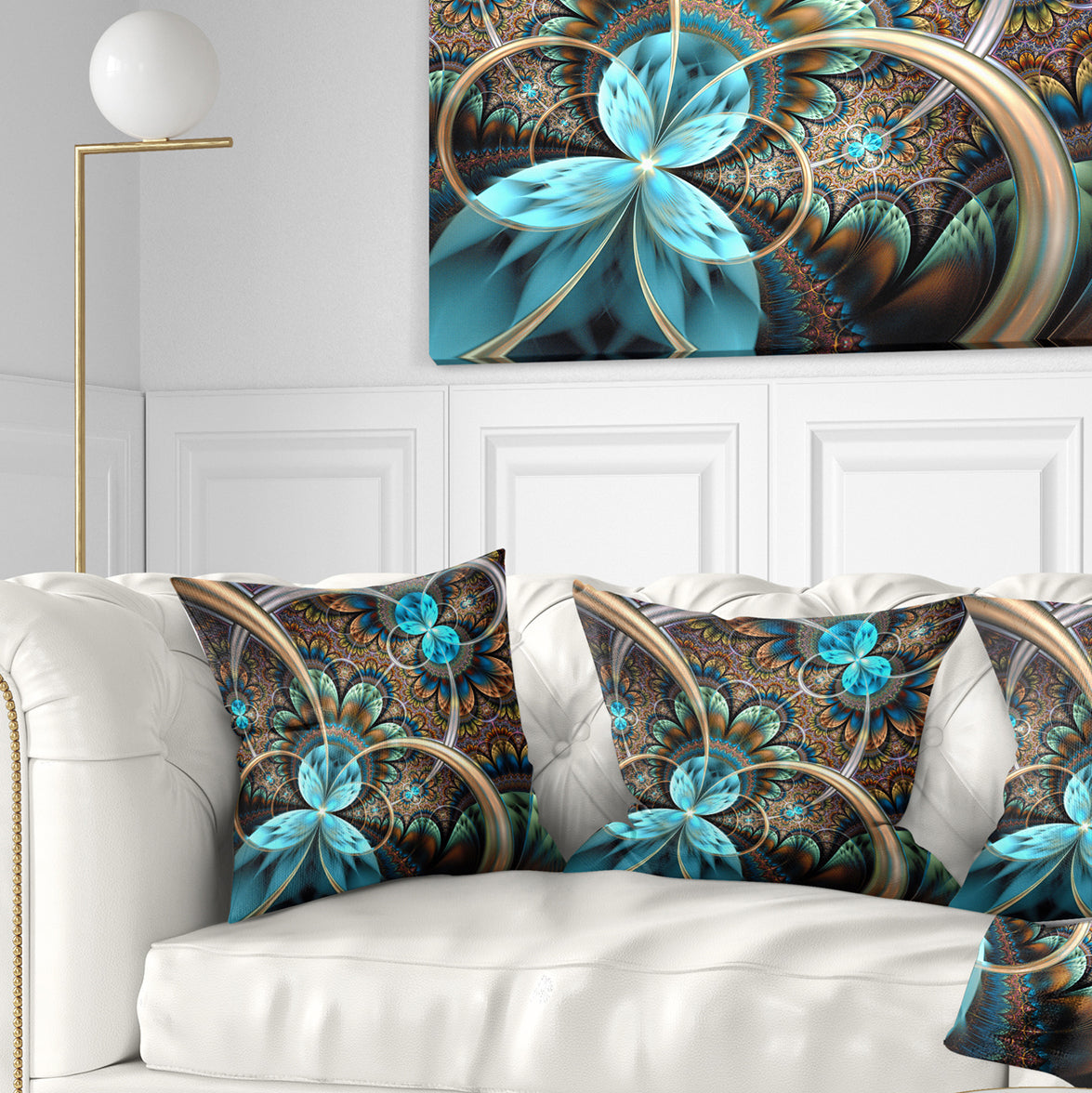 Light Blue Fractal Flower - Floral Throw Pillow