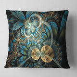 Symmetrical Blue Gold Fractal Flower - Abstract Throw Pillow