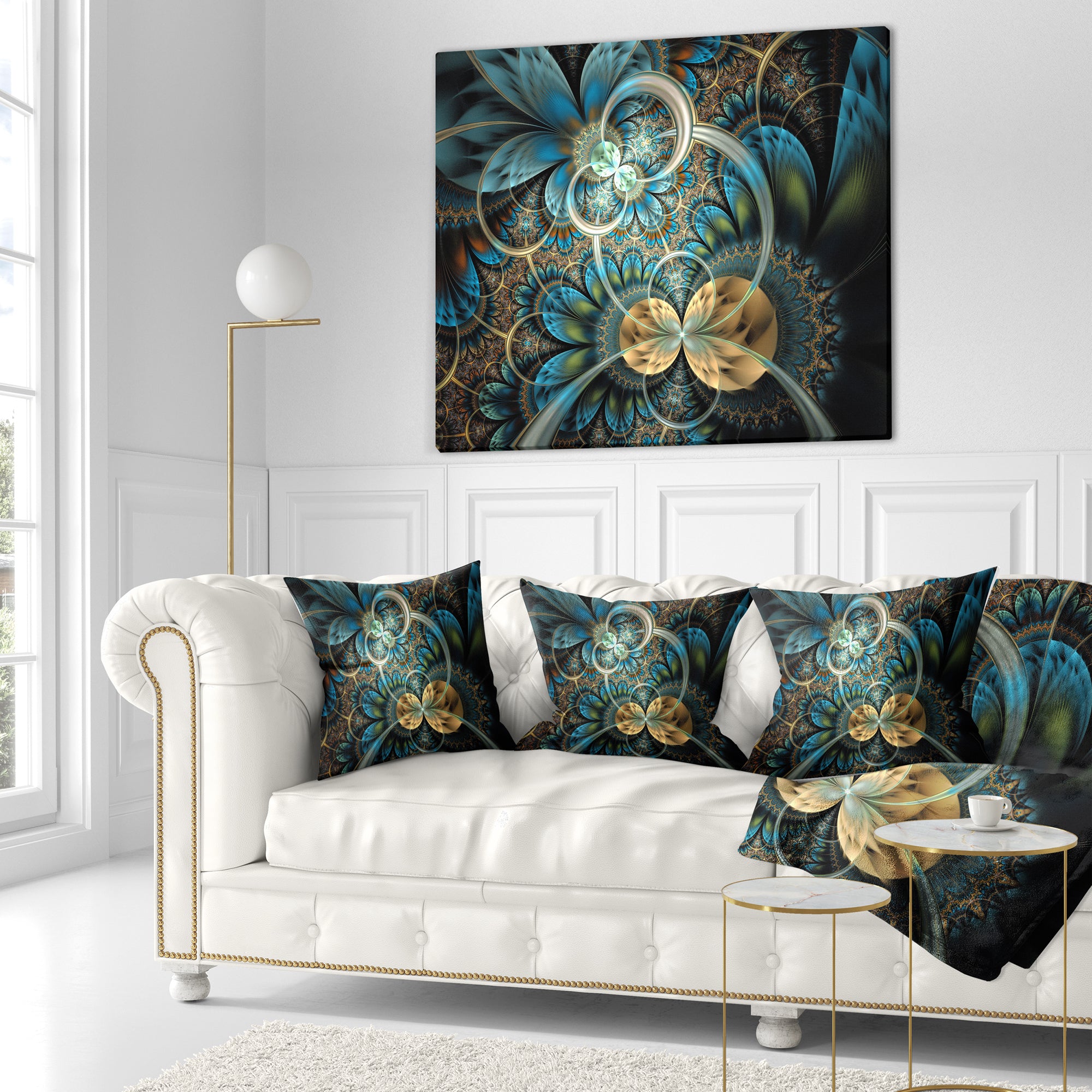 Symmetrical Blue Gold Fractal Flower - Abstract Throw Pillow