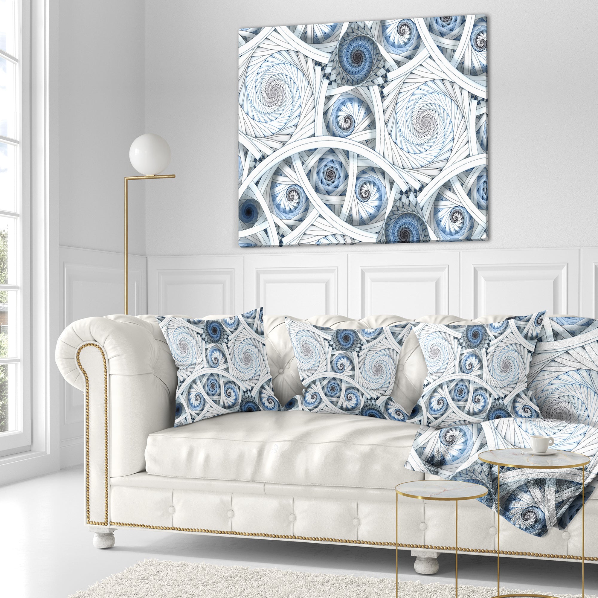 White Spiral with Blue Fractal Art - Abstract Throw Pillow