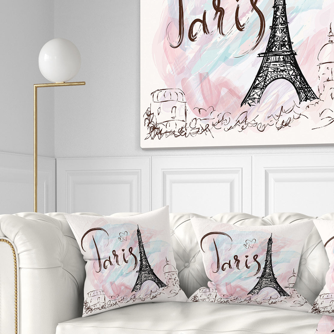 Illustration with Paris Eiffel Tower - Abstract Cityscape Throw Pillow