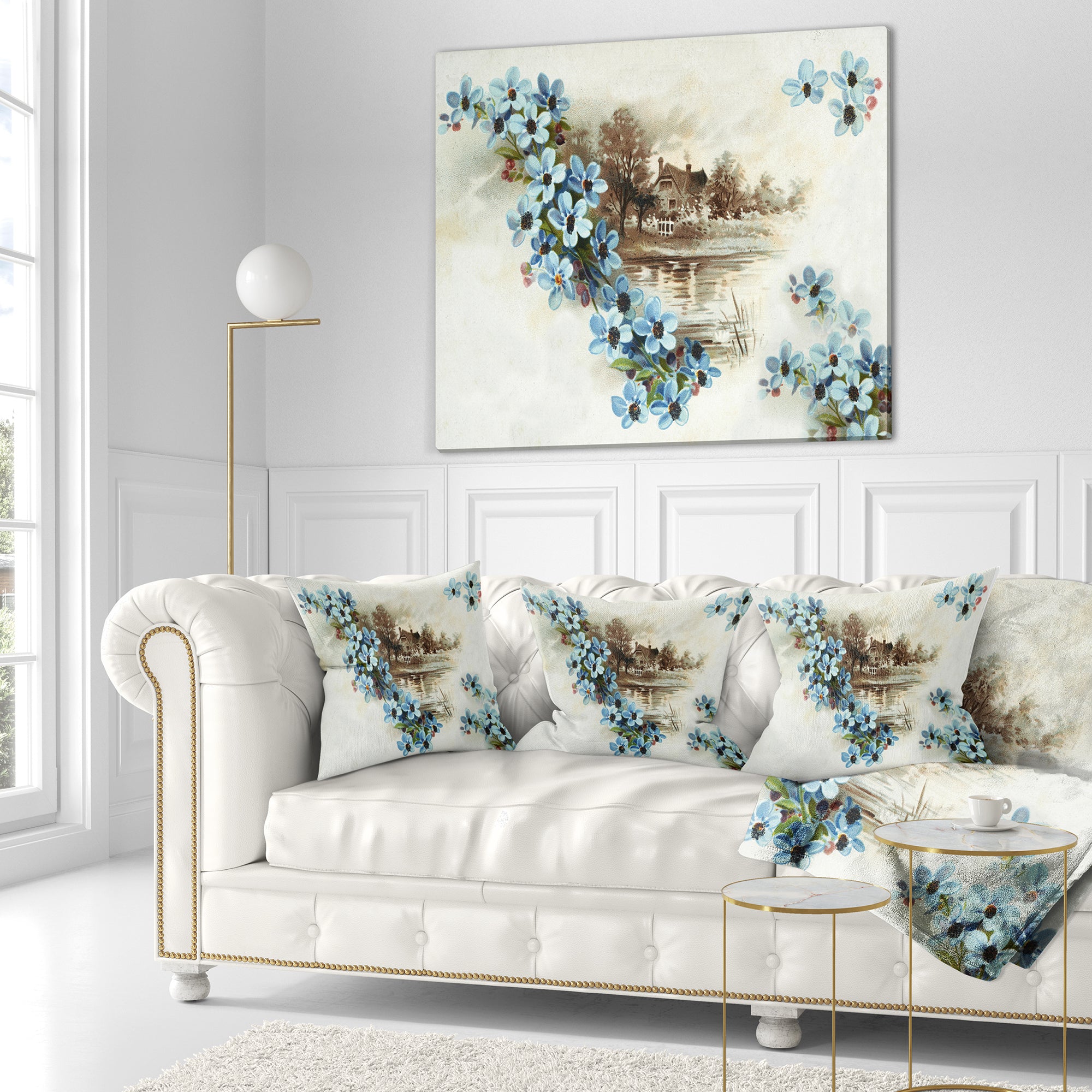 Blue Flowers Illustration - Floral Throw Pillow