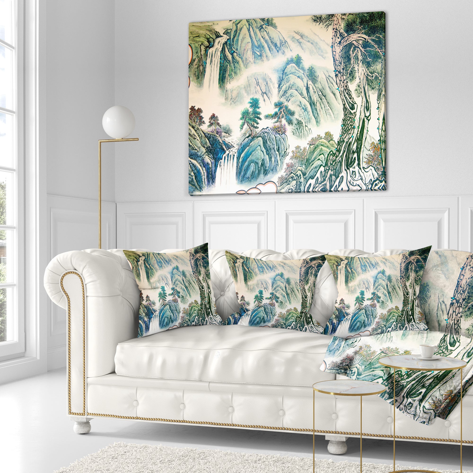 Blue Chinese Landscape Painting - Floral Throw Pillow