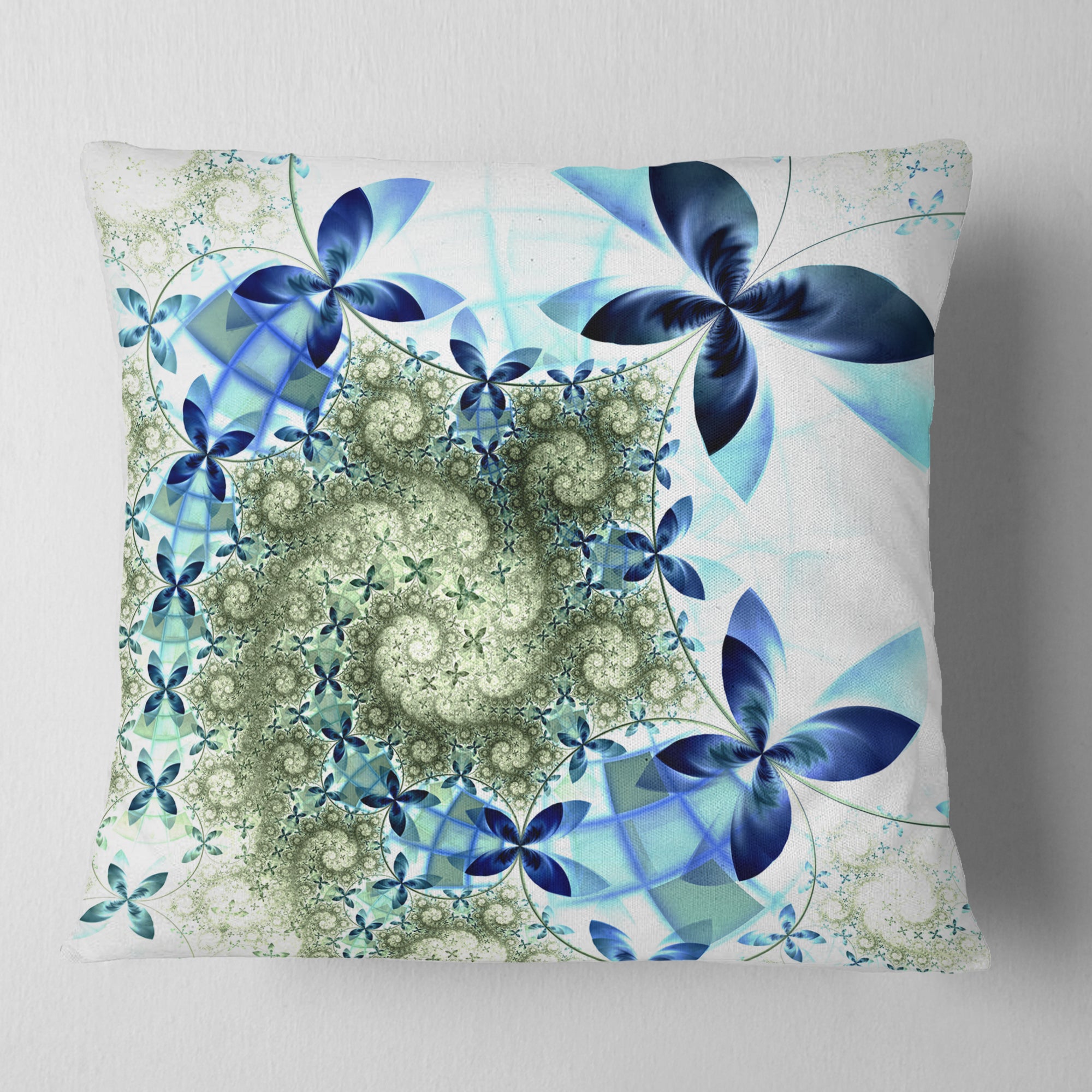 Blue and Green Fractal Flowers - Floral Throw Pillow