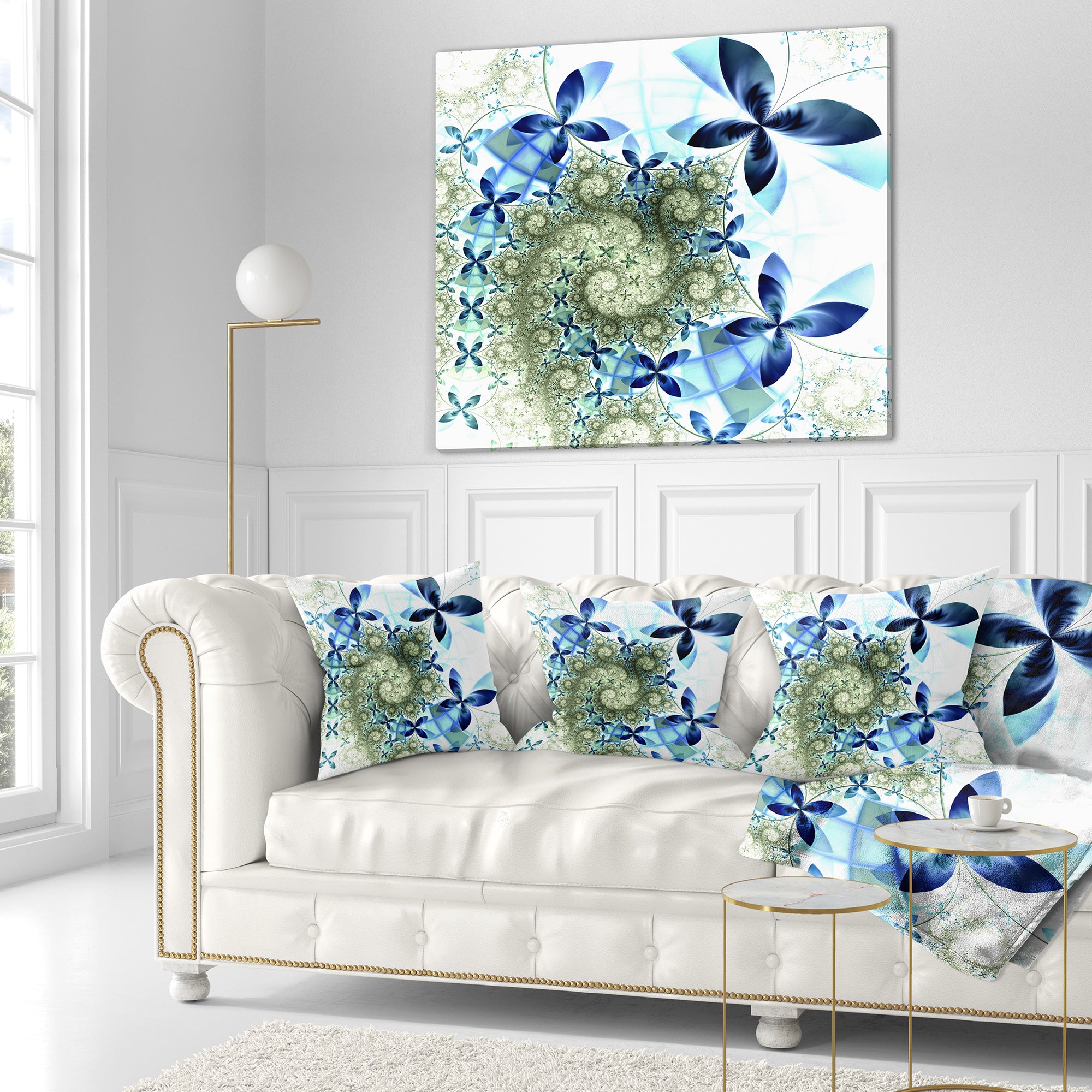 Blue and Green Fractal Flowers - Floral Throw Pillow
