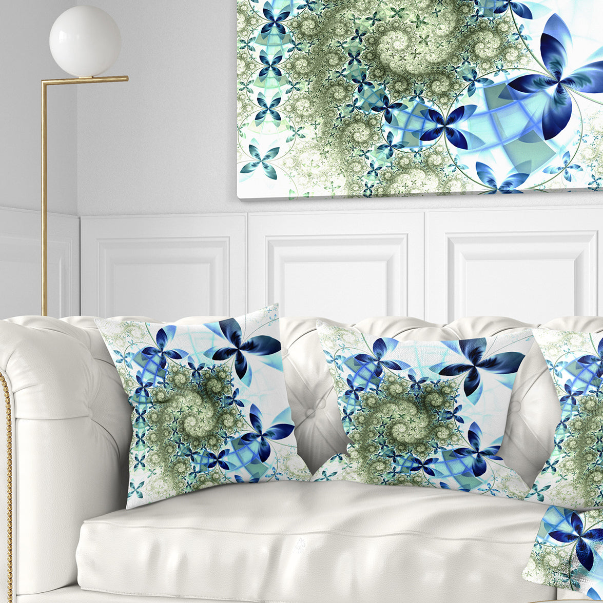 Blue and Green Fractal Flowers - Floral Throw Pillow