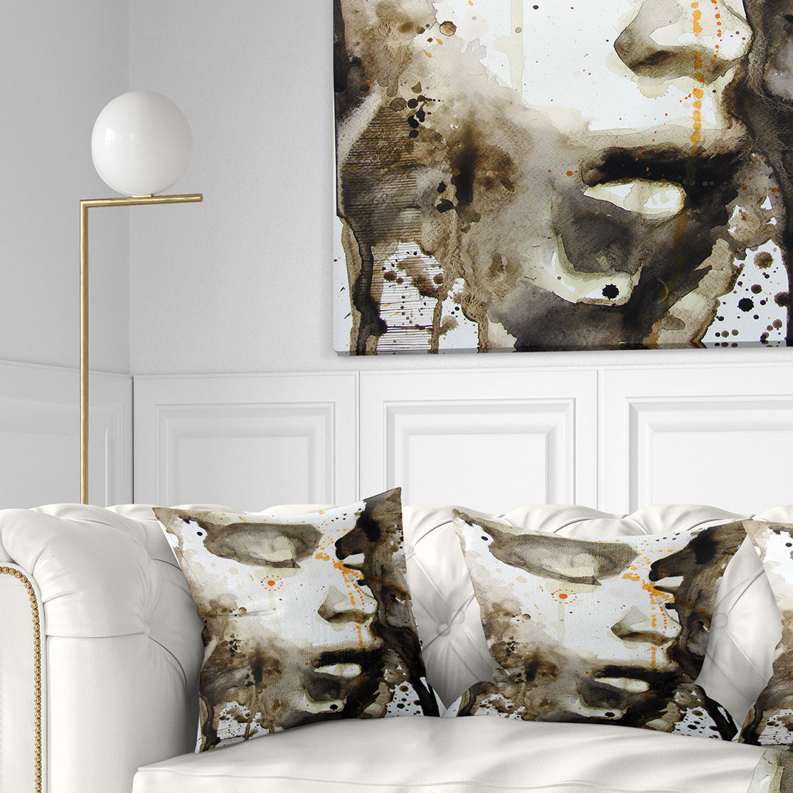 Brown Illustrated Girl - Abstract Portrait Throw Pillow