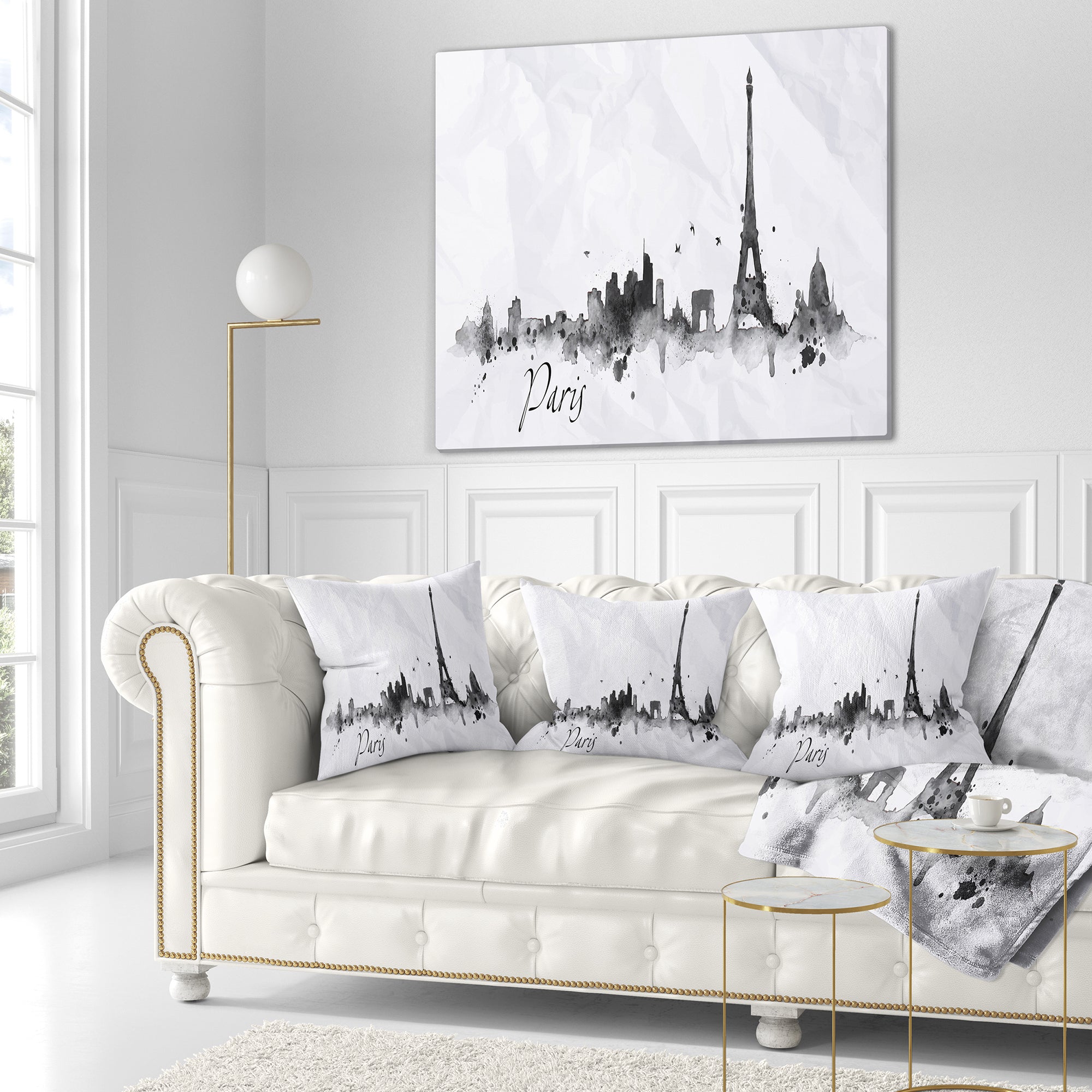 Paris with Eiffel Silhouette - Cityscape Painting Throw Pillow