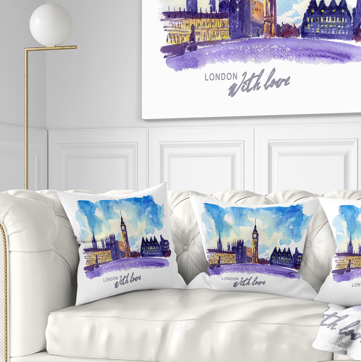 London Purple Illustration - Cityscape Painting Throw Pillow