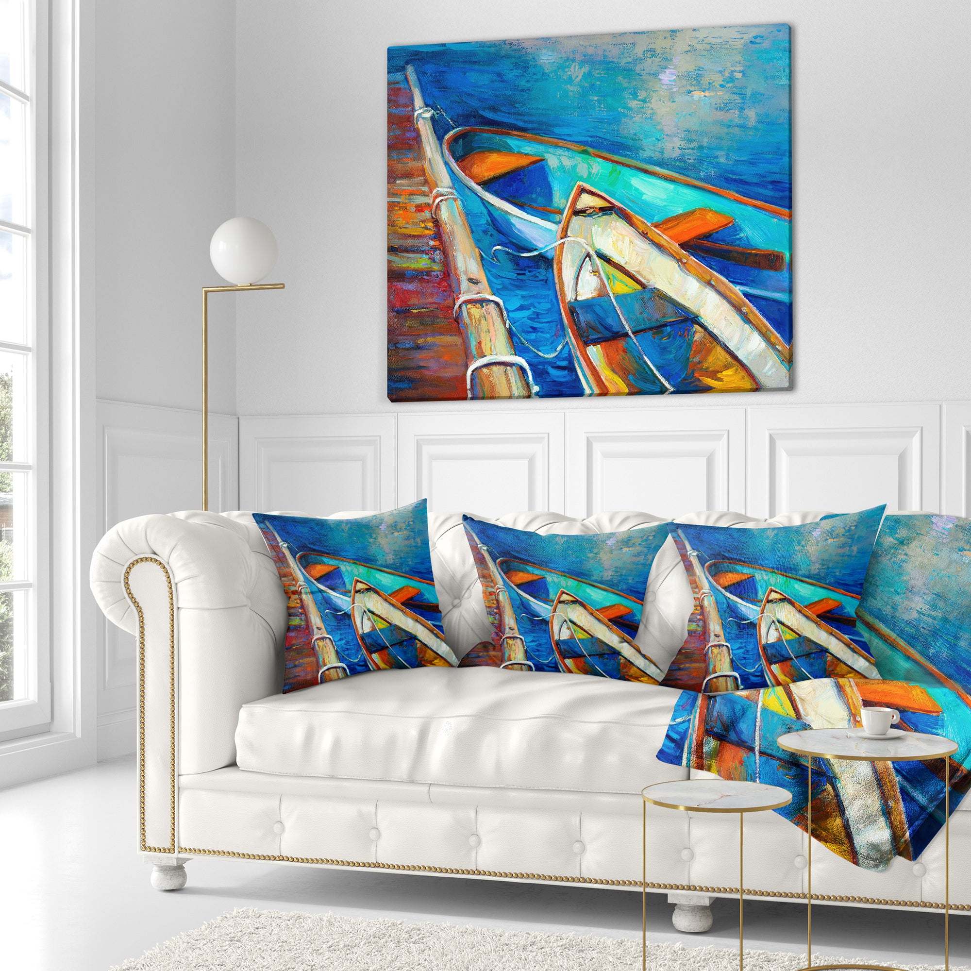Boats and Pier in Blue Shade - Seascape Throw Pillow