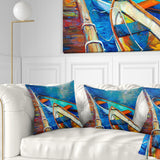 Boats and Pier in Blue Shade - Seascape Throw Pillow