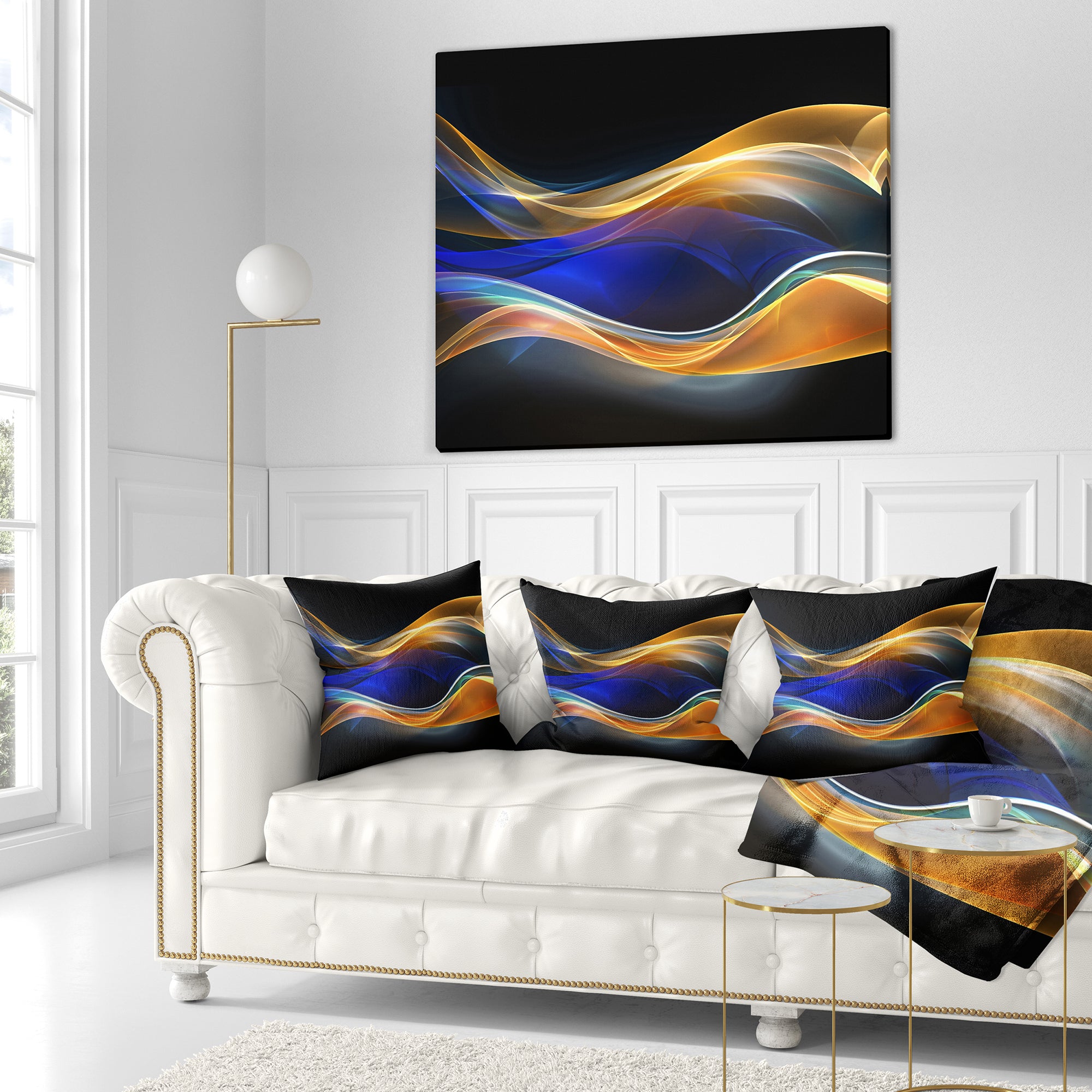 3D Gold Blue Wave Design - Abstract Throw Pillow