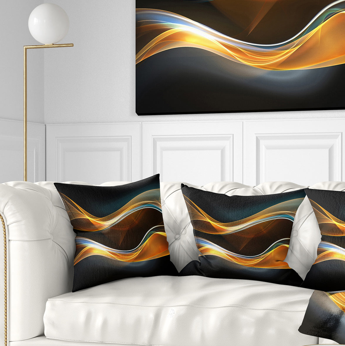 3D Gold Waves in Black - Abstract Throw Pillow