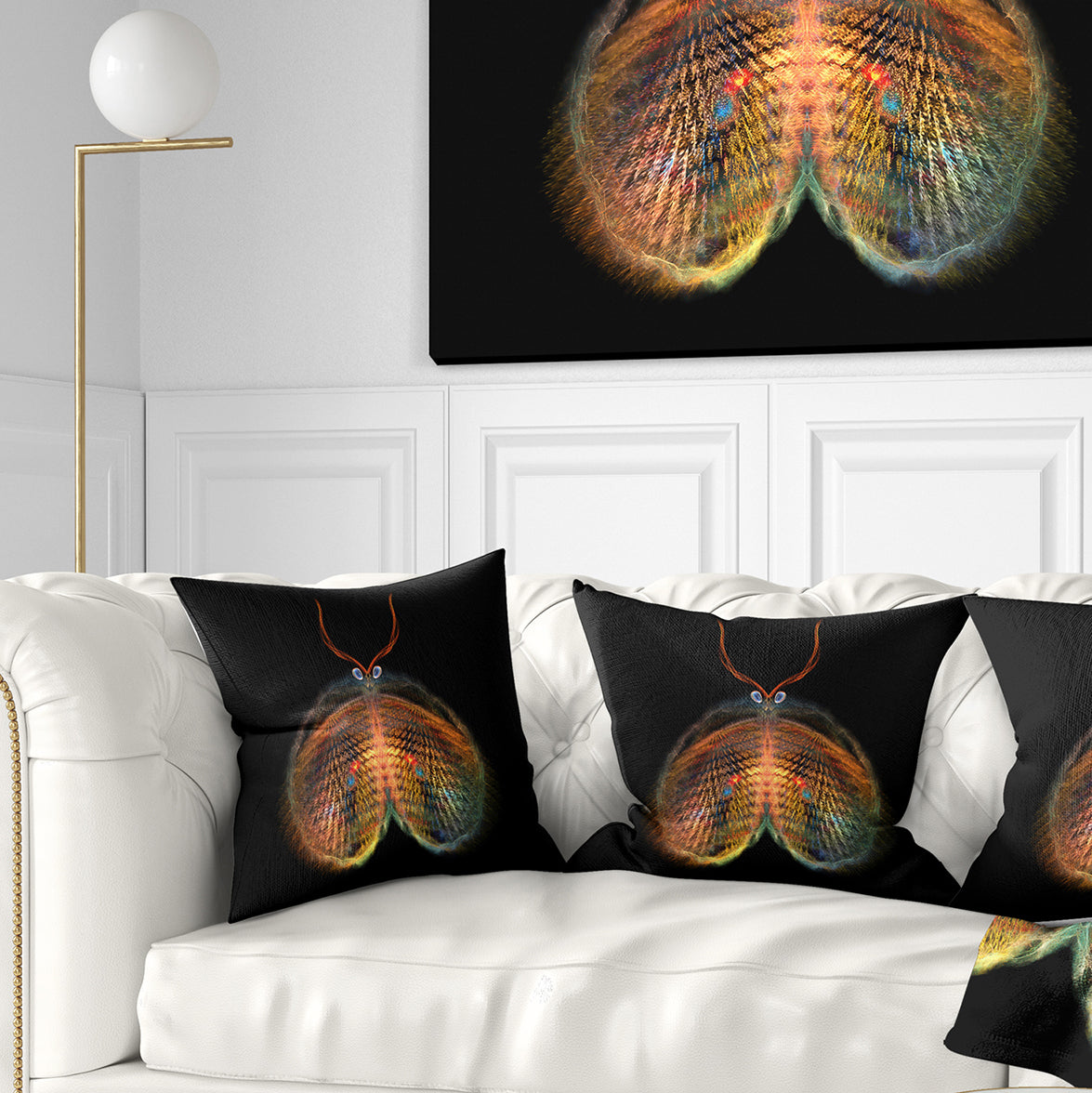 Yellow Red Fractal Butterfly in Dark - Abstract Throw Pillow