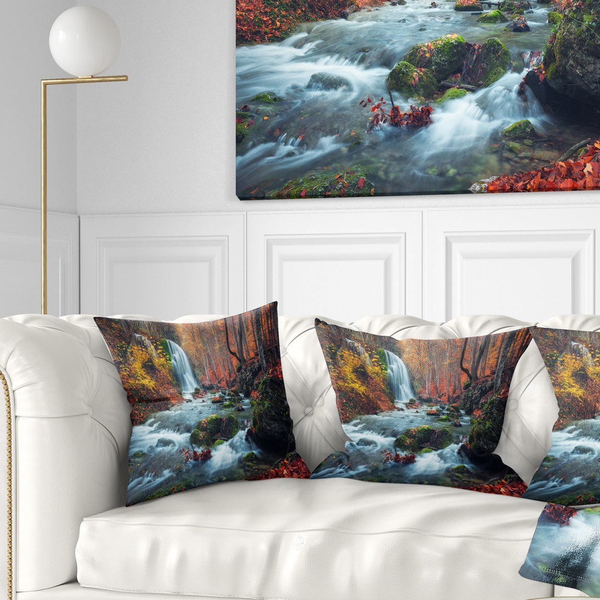 Autumn Mountain Waterfall Long View - Landscape Photography Throw Pillow