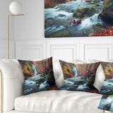 Autumn Mountain Waterfall Long View - Landscape Photography Throw Pillow