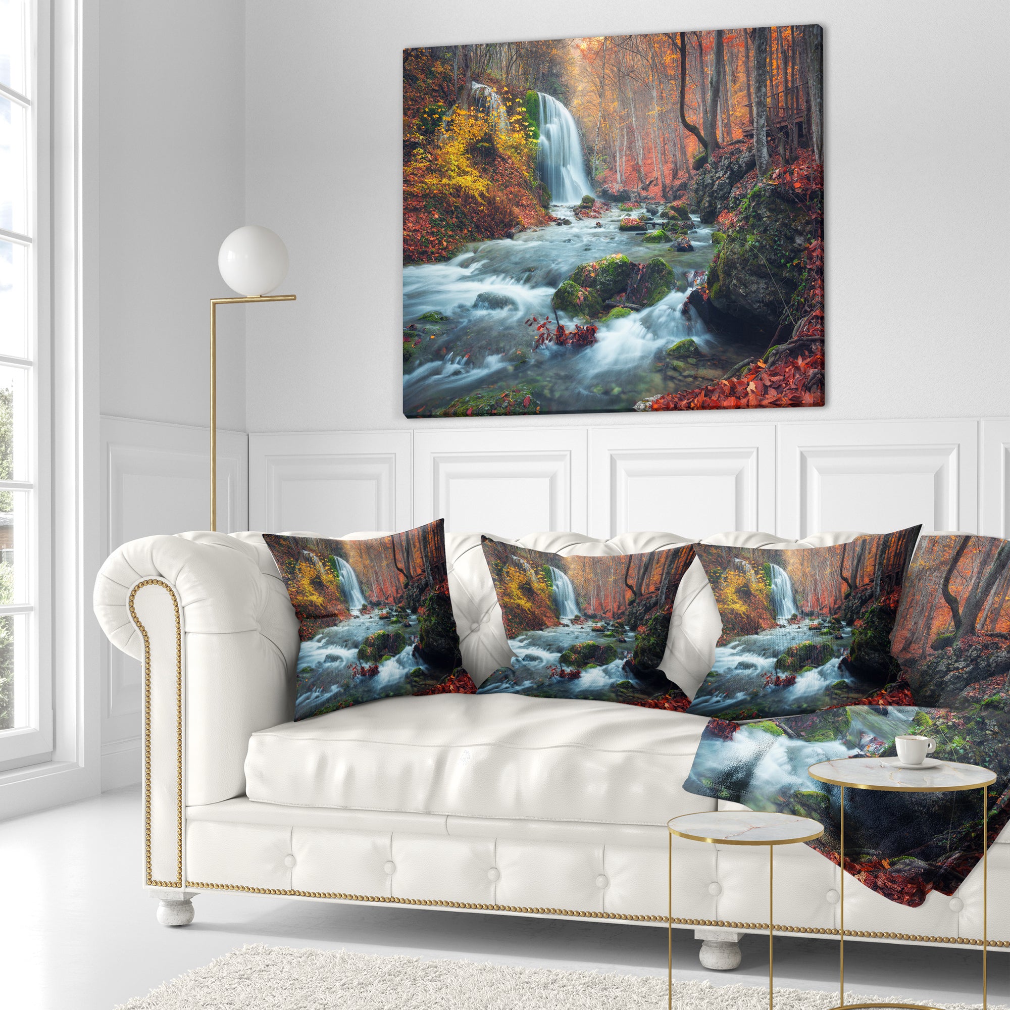 Autumn Mountain Waterfall Long View - Landscape Photography Throw Pillow