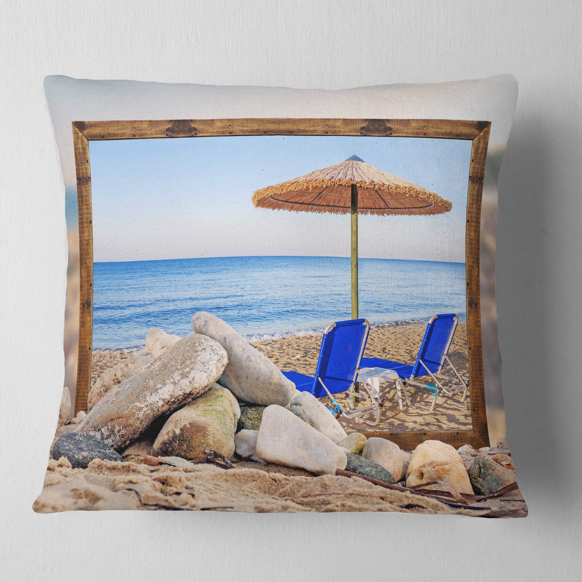 Framed Effect Beach with Chairs Umbrella - Seashore Photo Throw Pillow