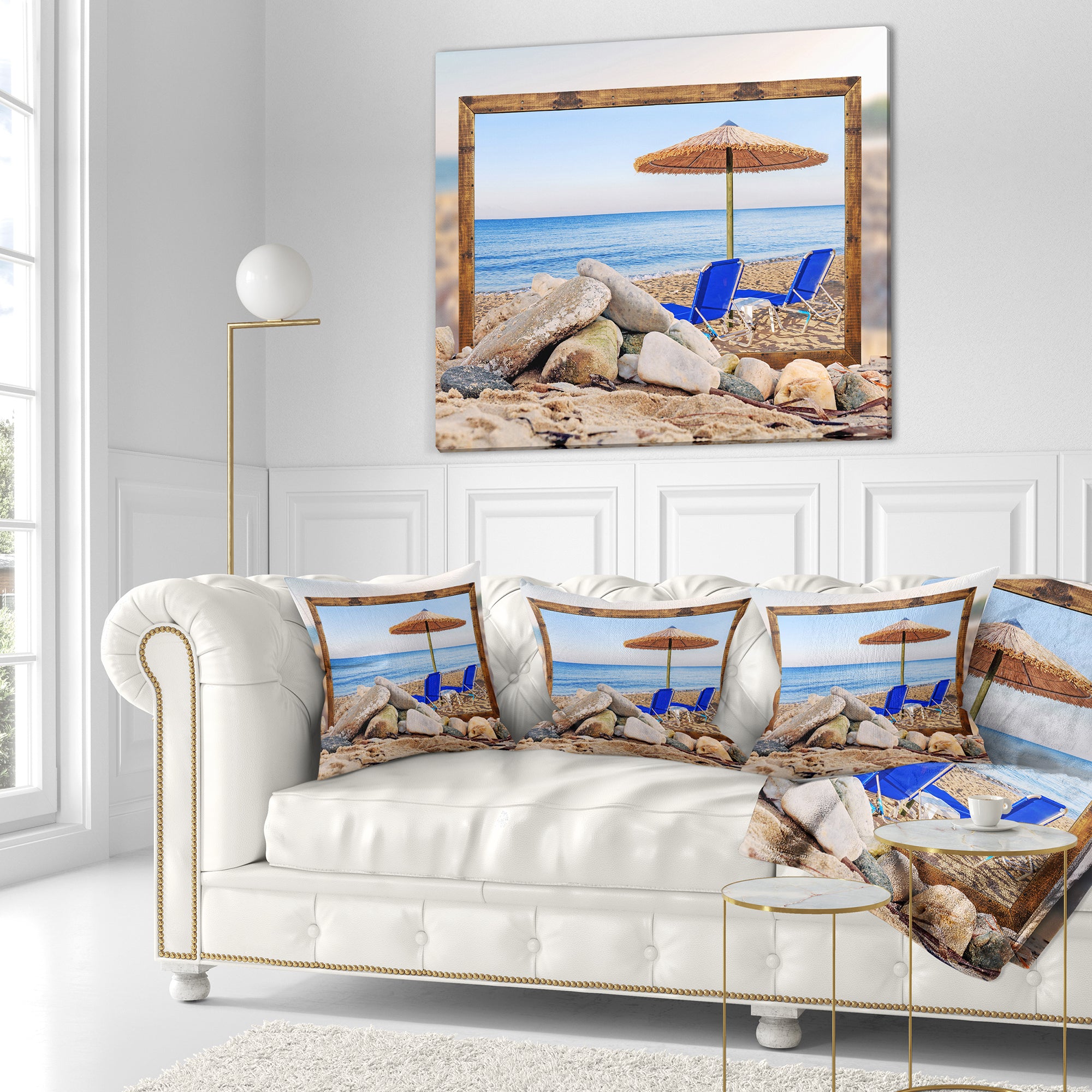Framed Effect Beach with Chairs Umbrella - Seashore Photo Throw Pillow
