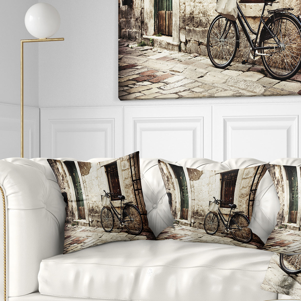 Bicycle with Shopping Bag - Landscape Photo Throw Pillow