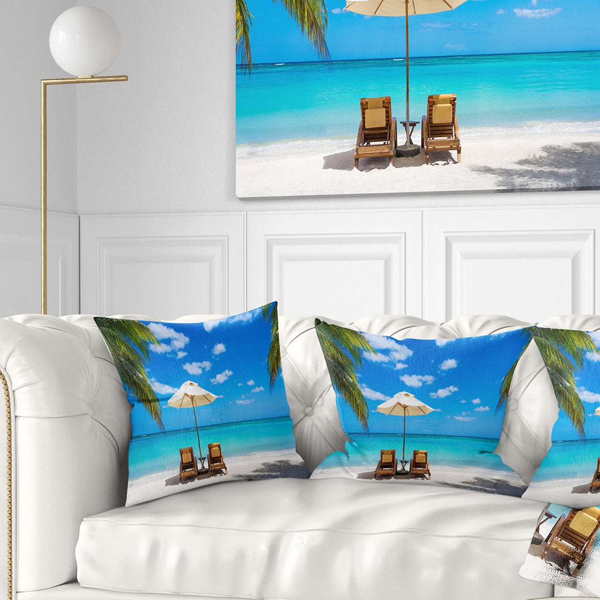 Turquoise Beach with Chairs - Seashore Photo Throw Pillow
