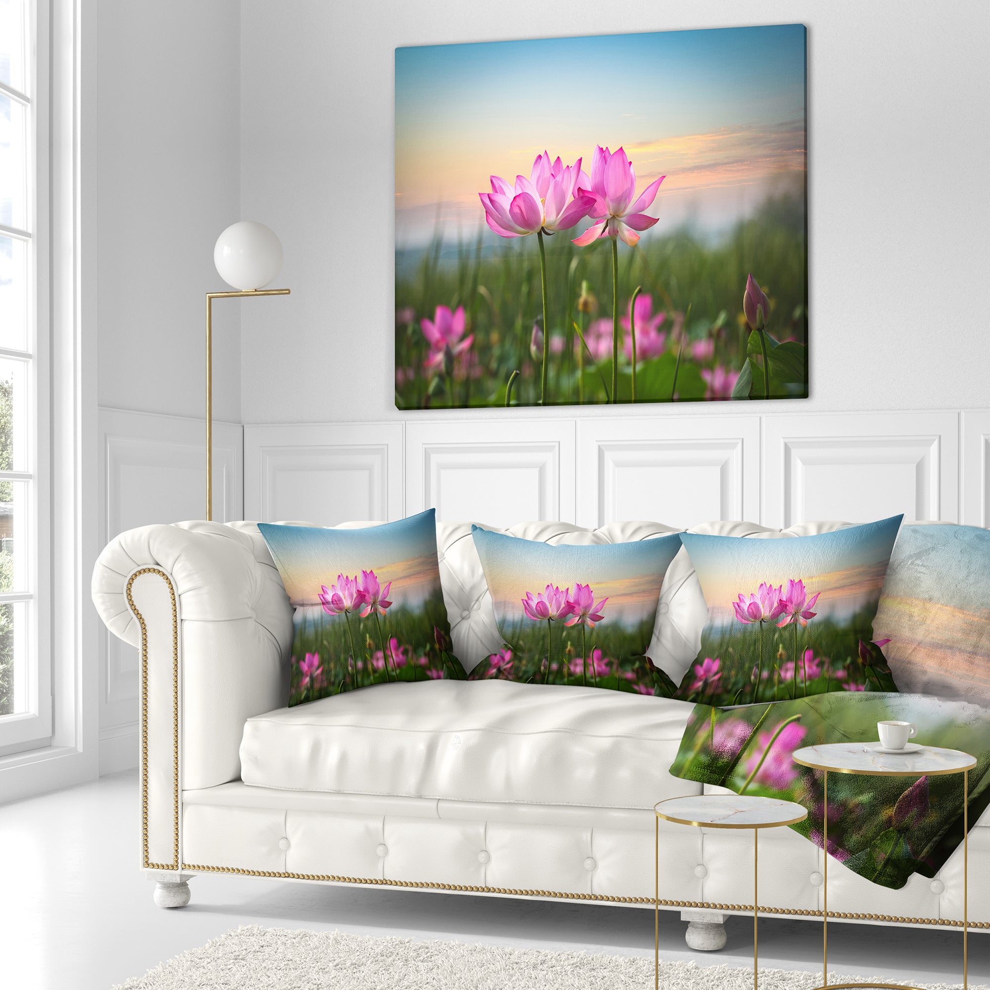 Blooming Lotus Flowers at Sunset - Floral Photo Throw Pillow