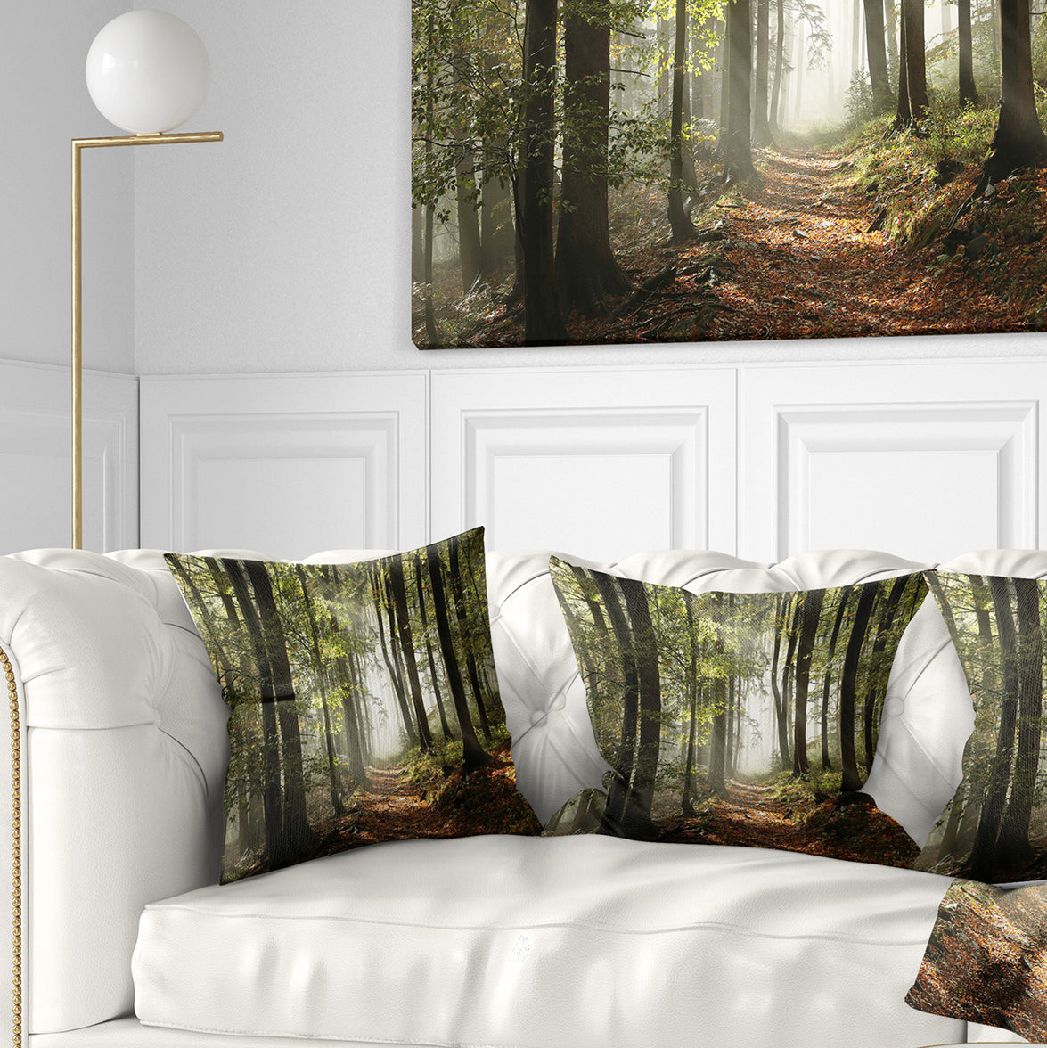 Green Fall Forest with Sun Rays - Landscape Photography Throw Pillow