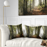 Green Fall Forest with Sun Rays - Landscape Photography Throw Pillow