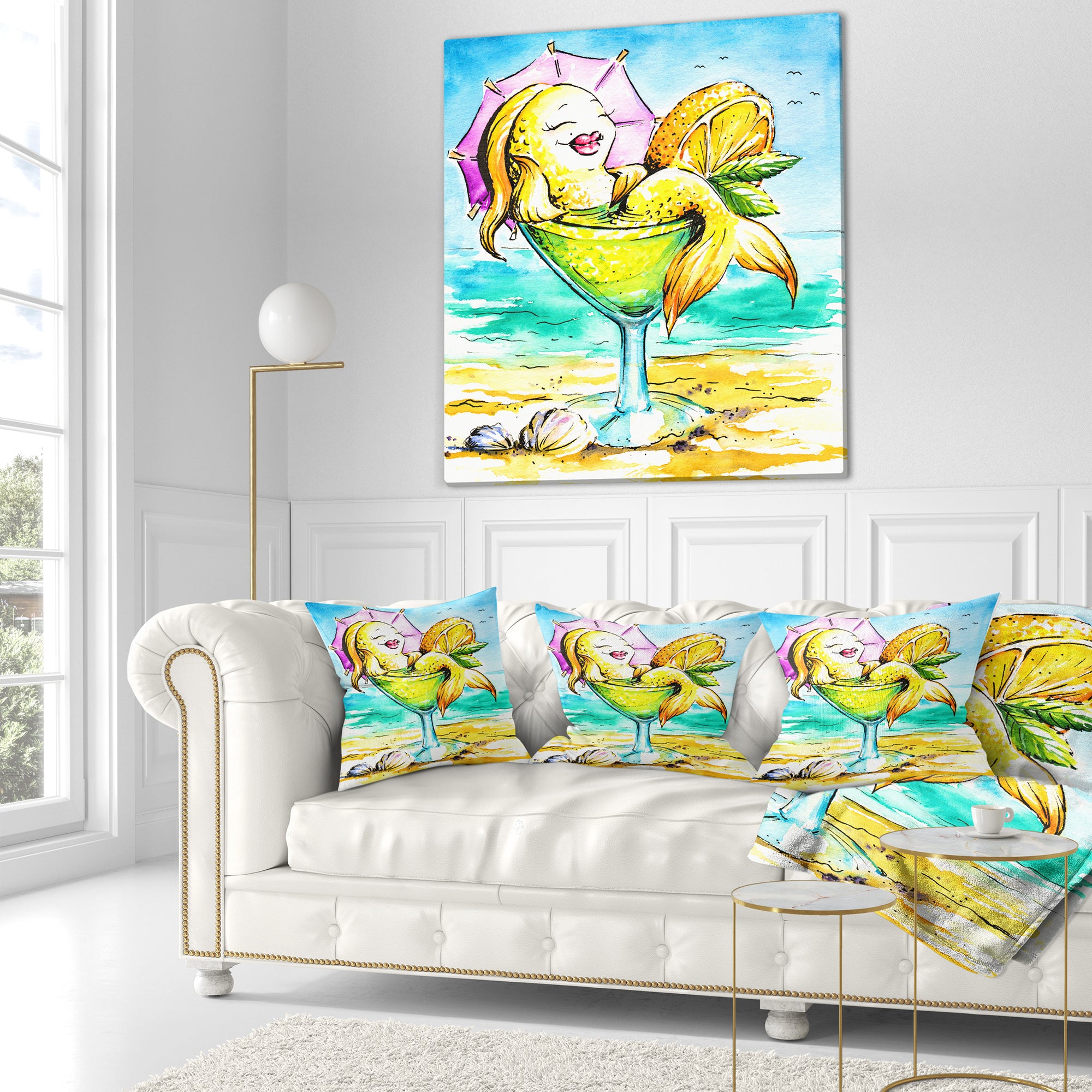 Designart Gold Fish Enjoying Holidays on Beach - Cartoon Animal Throw Pillow
