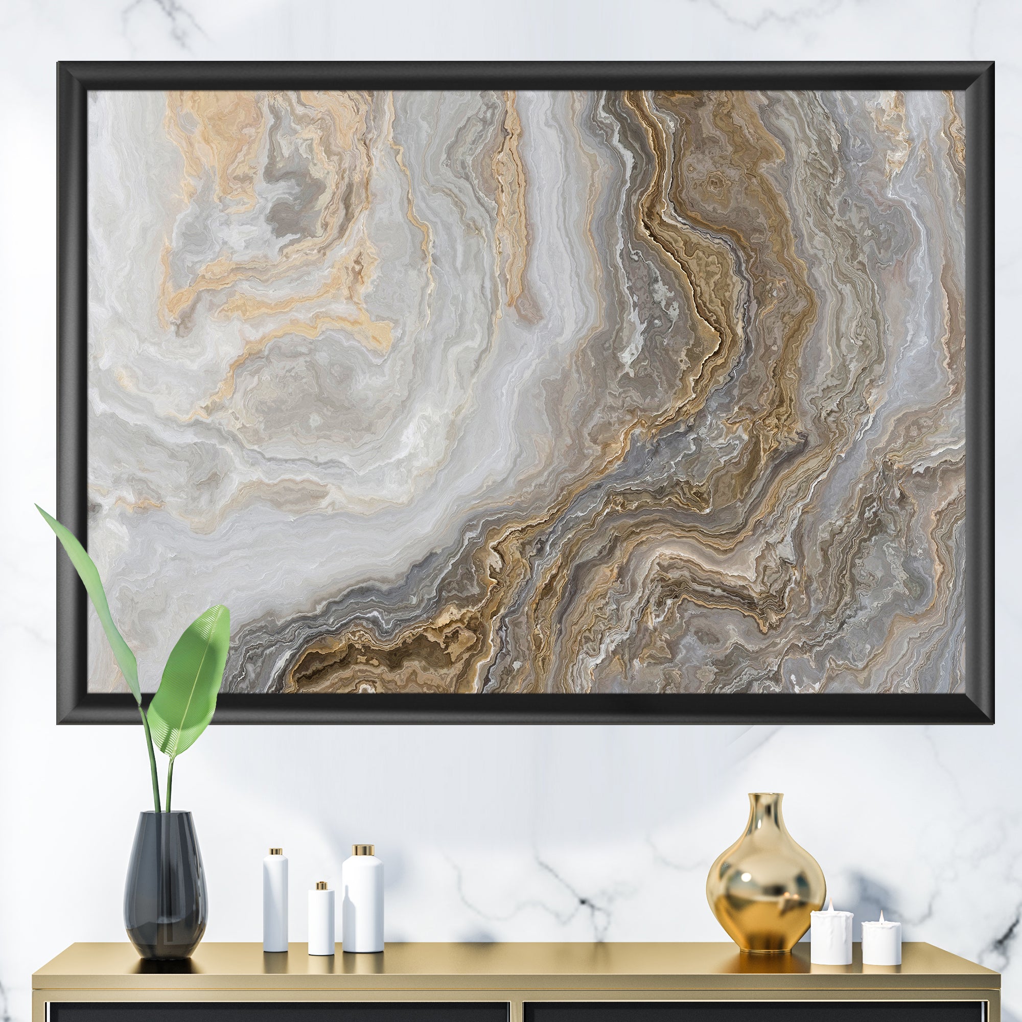White Marble with Curley Grey and Gold Veins Wall Art