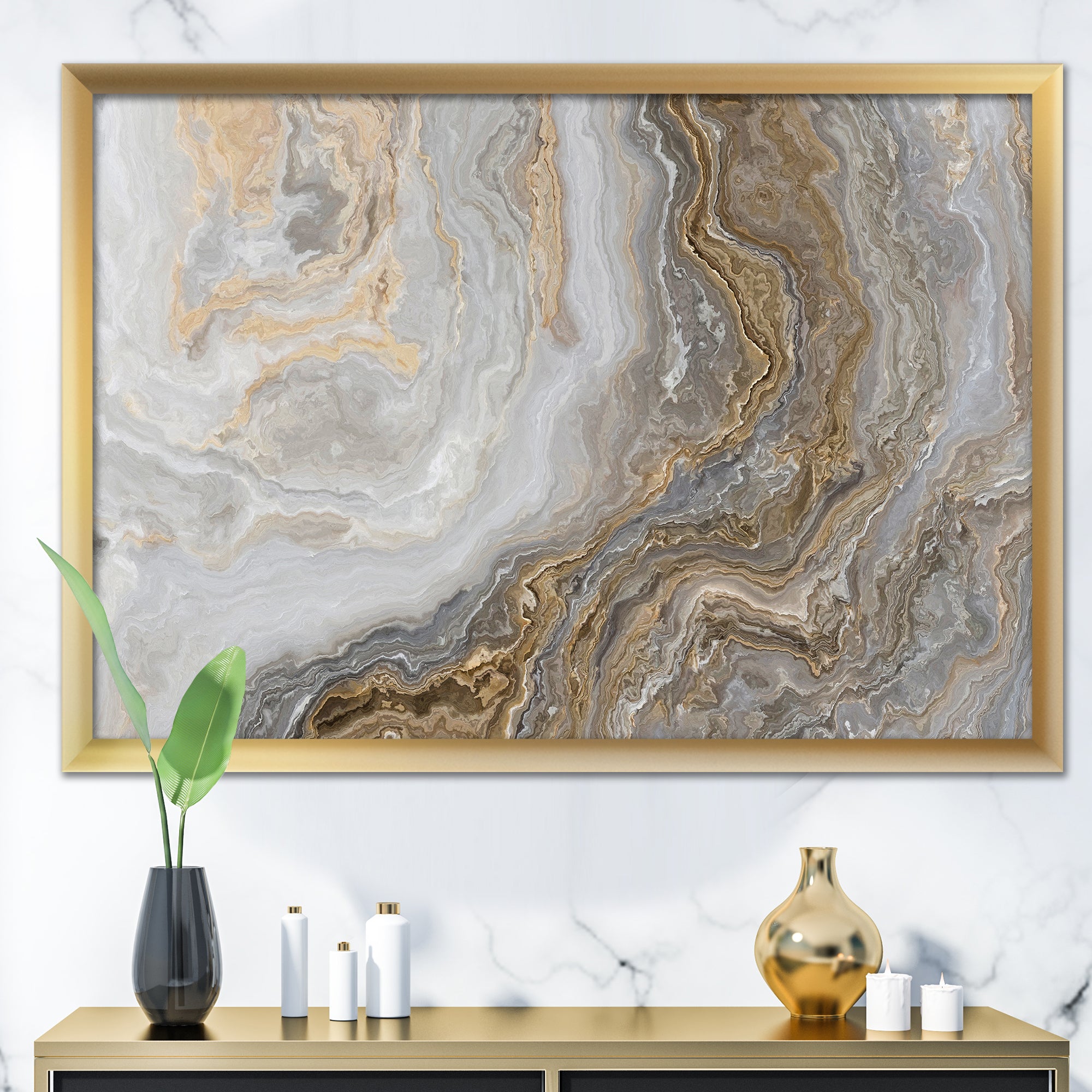 White Marble with Curley Grey and Gold Veins Wall Art