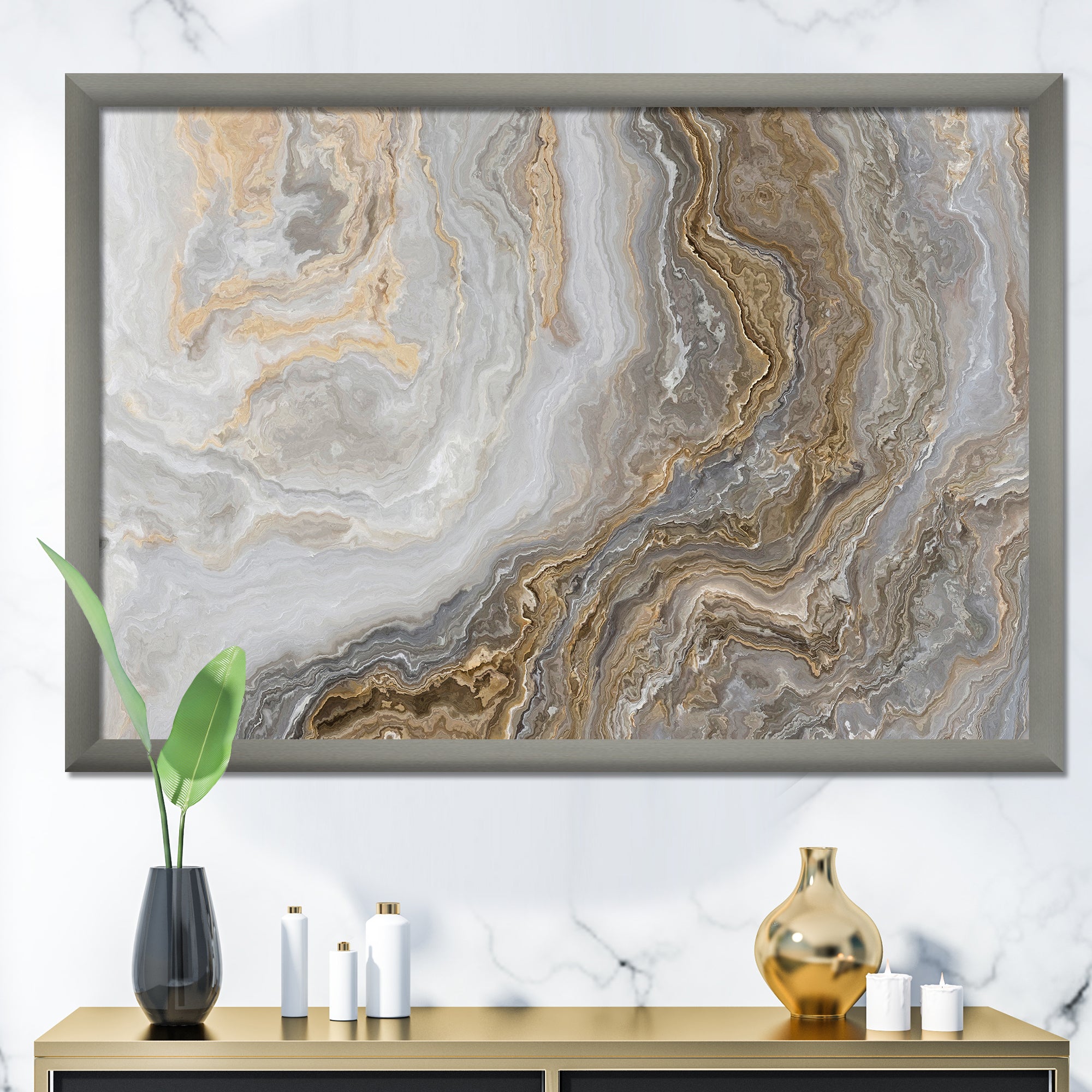 White Marble with Curley Grey and Gold Veins Wall Art