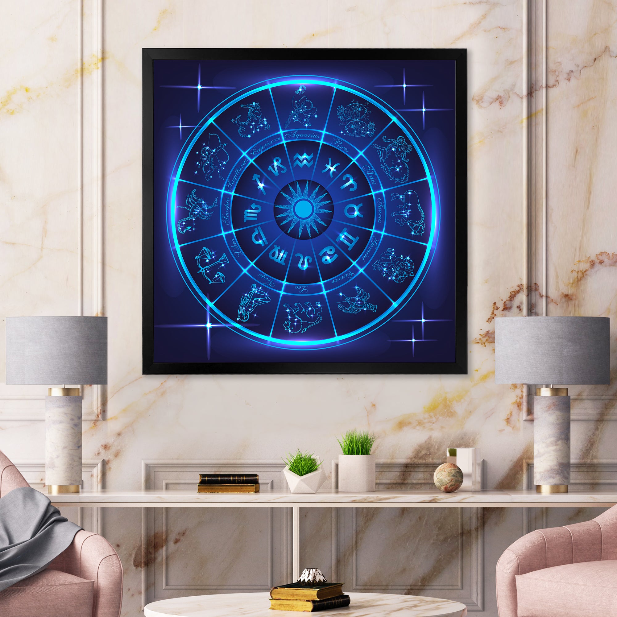 Neon Deep Blue Horoscope Circle With Zodiac Signs