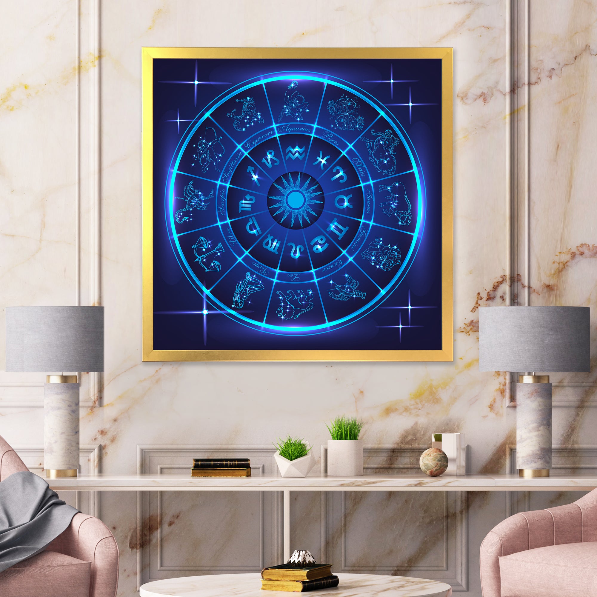 Neon Deep Blue Horoscope Circle With Zodiac Signs