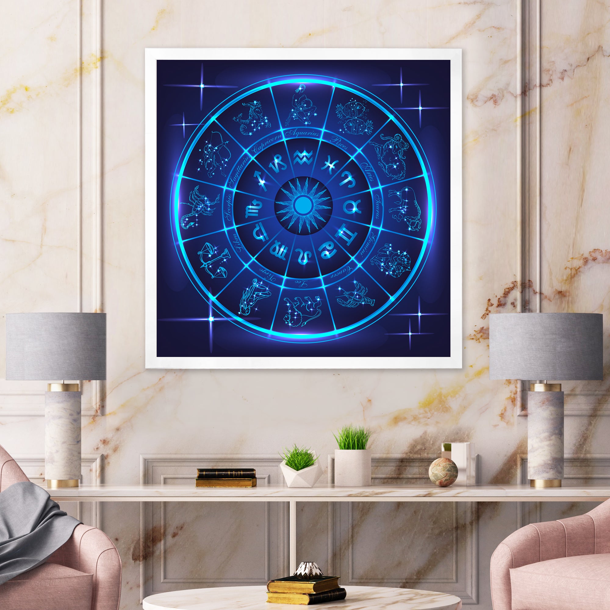 Neon Deep Blue Horoscope Circle With Zodiac Signs