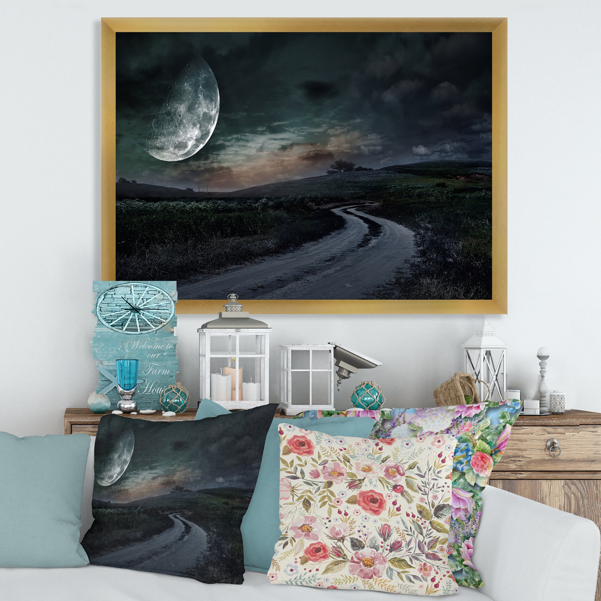 Rural Road Through The Meadow Under Full Moon