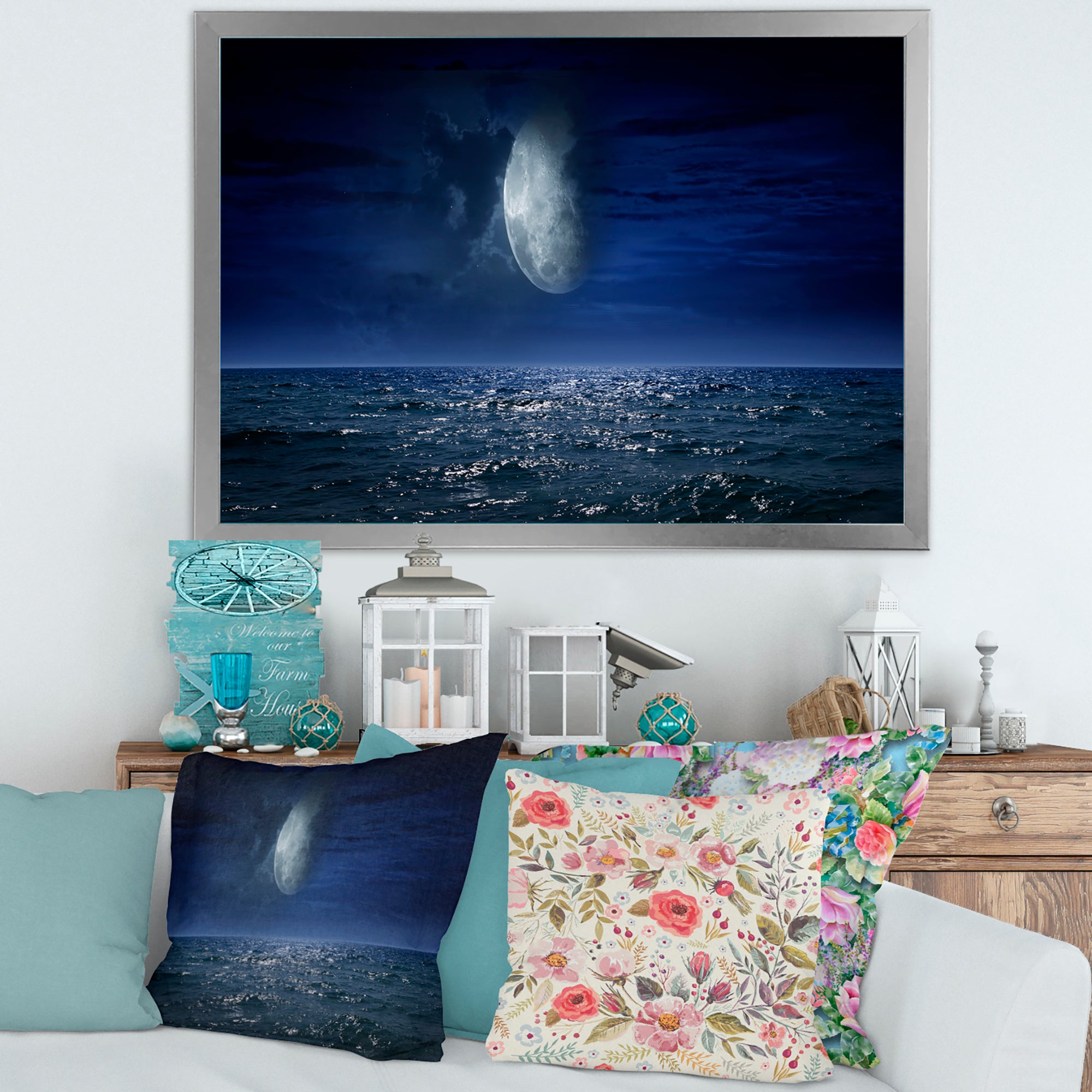 Full Moon Over Dark Ocean At Night