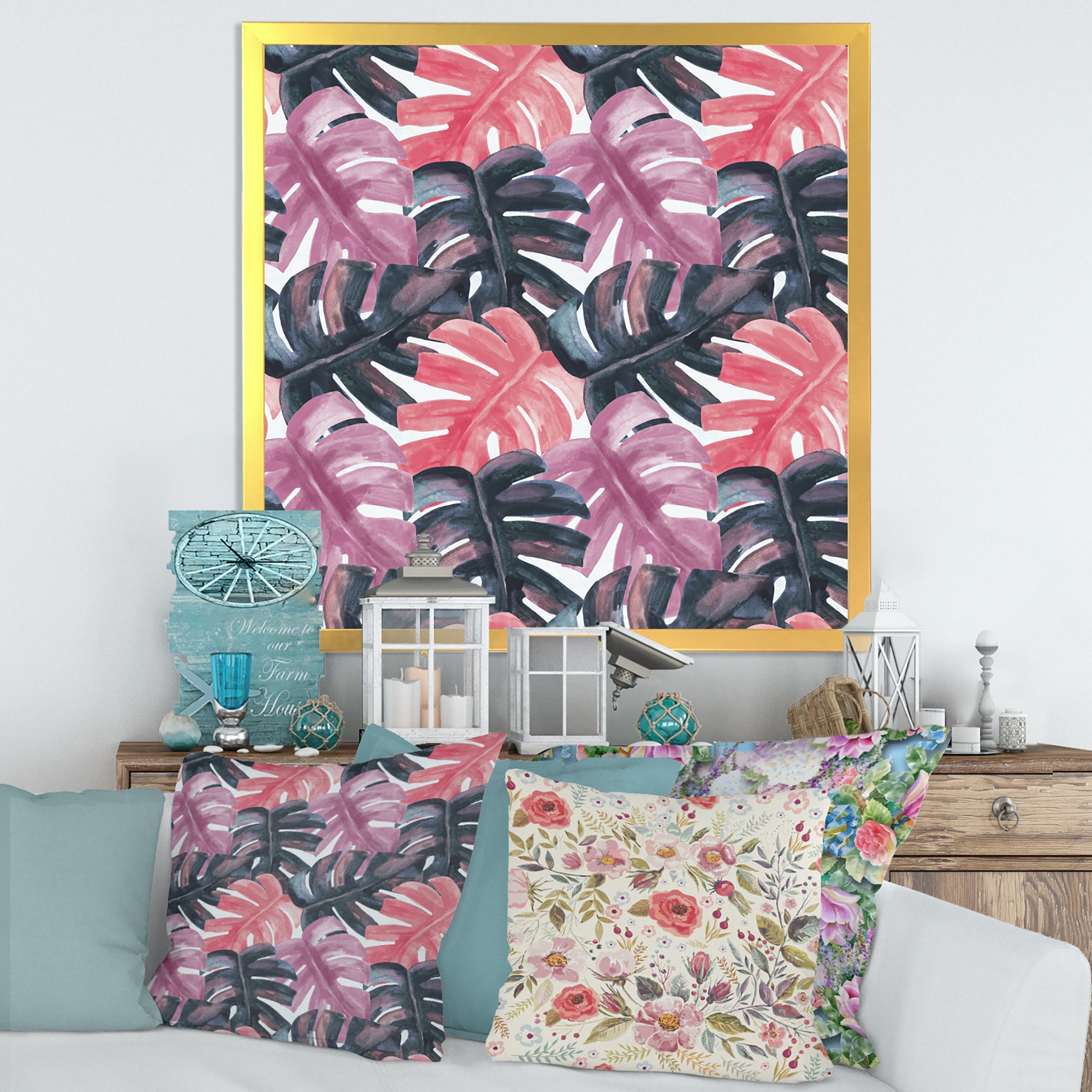 Colored Monstera On Rough Brush Strokes II