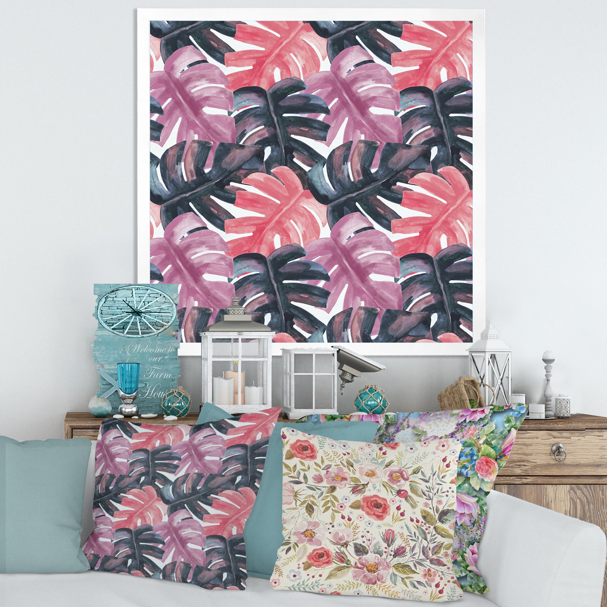 Colored Monstera On Rough Brush Strokes II