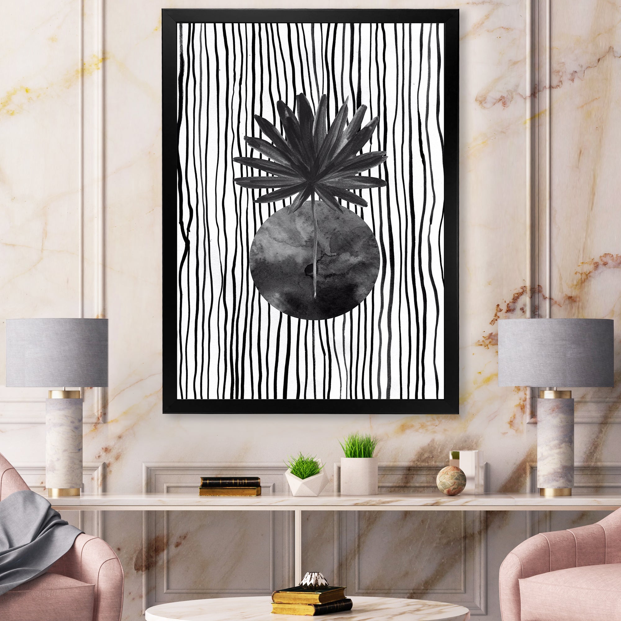Black and White Tropical Leaf On Striped I