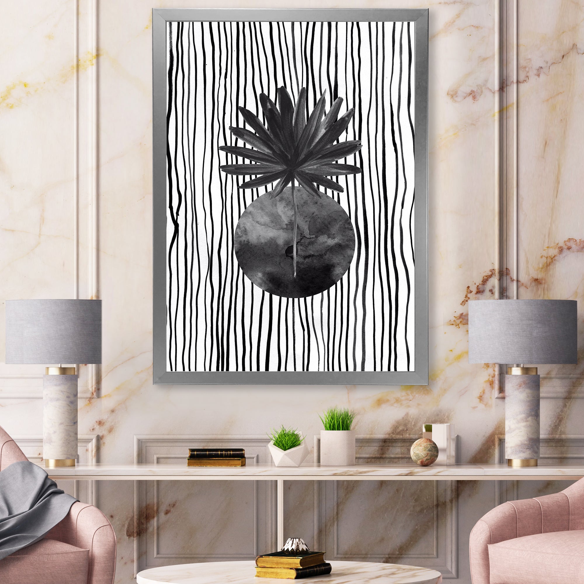 Black and White Tropical Leaf On Striped I